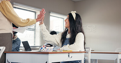 Buy stock photo Girl, teacher and high five in classroom, happy and goals with test results, success and education at school. Teenager, mentor and celebration with cheers, motivation and progress with scholarship