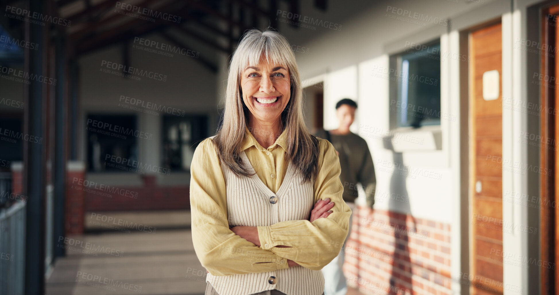 Buy stock photo Smile, woman and portrait of teacher at school for career in education, confidence and happiness. Professional, job and mature female educator with knowledge for teaching in hallway at campus academy
