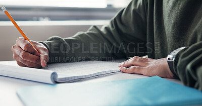 Buy stock photo Education, writing and hands of person in classroom for high school academy, future and scholarship. Entrance exams, studying and learning assessment with closeup of student on campus for knowledge
