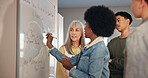Teacher, lesson and student writing on whiteboard for math solution, education support and equation answer. Educator, people and learning at high school with problem solving, knowledge or scholarship
