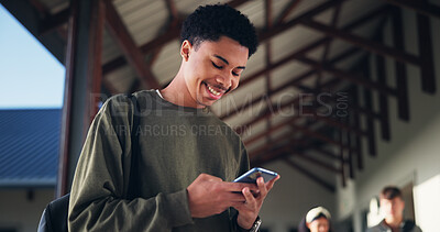 Buy stock photo Phone, education and typing with boy at school for University application, news and communication app. College admissions, learning portal and future with student on campus for mobile and scholarship