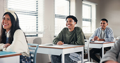 Buy stock photo School, university and people in classroom listening for education, lesson and learning. Students, academy and men and women at desk in lecture for knowledge, assignment and studying at college