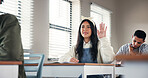 Question, school and girl in classroom with answer for lesson, learning and education. University, academy and people listening with hand raised for asking, feedback and knowledge for assessment