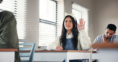 Buy stock photo Question, school and girl in classroom with answer for lesson, learning and education. University, academy and people listening with hand raised for asking, feedback and knowledge for assessment