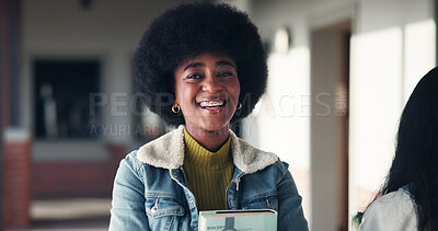 Buy stock photo Education, portrait and girl smile with book in hallway for academic learning, study or ready for class. Student, teenager and happy at high school for knowledge, scholarship or development on campus
