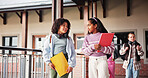 Girl, friends and discussion at school, happy and corridor at break, listen and bonding with education. Kids, pupil and outdoor with talking, smile and books for scholarship, learning and development