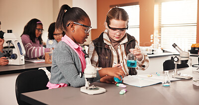 Buy stock photo Children, science and girls in school with chemical or teamwork for testing, chemistry and research. Liquid, kids or young students in classroom for scientist, future education or learning experiment