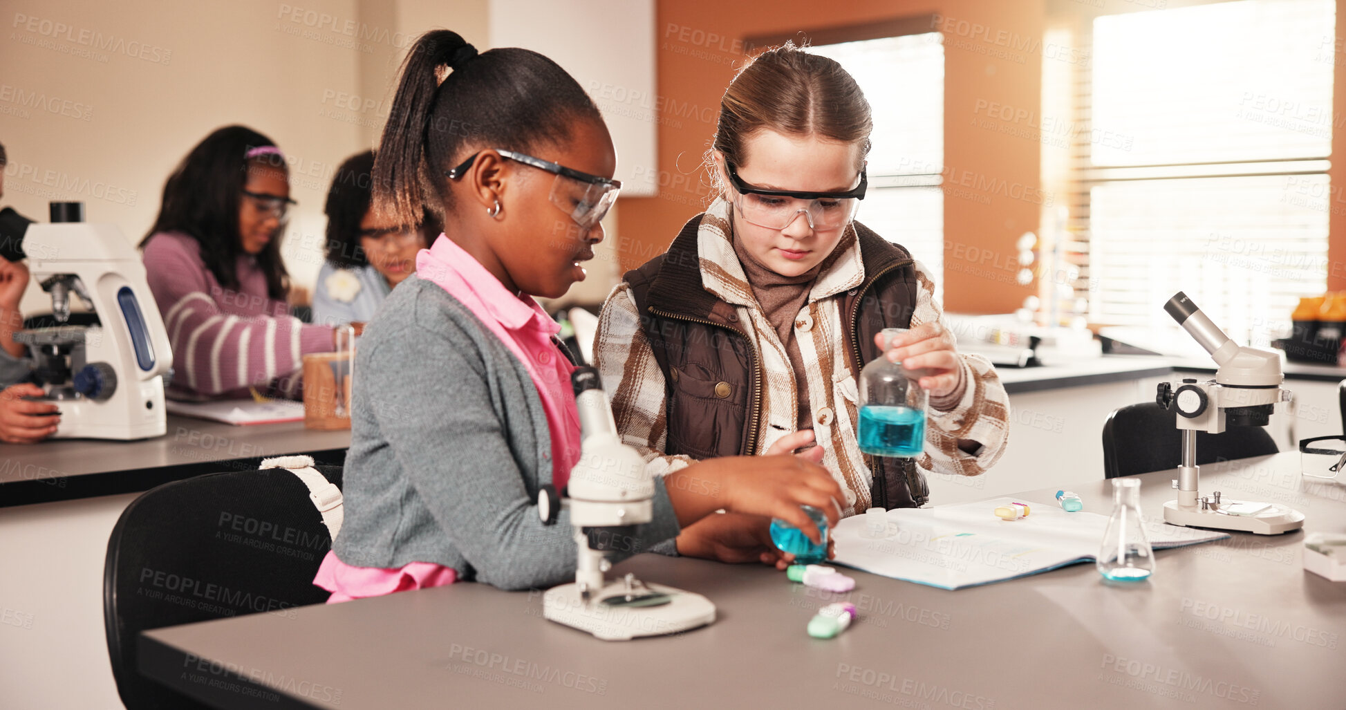 Buy stock photo Children, science and girls in school with chemical or teamwork for testing, chemistry and research. Liquid, kids or young students in classroom for scientist, future education or learning experiment
