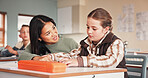 Classroom, girl and teacher for education help, school and learning for assignment in junior grade. Quiz, question and children with knowledge test, scholarship and development to prepare in academy