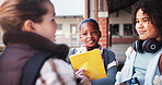 Children, friends and talking at school, corridor and happy at break, listen and bonding with education. Kids, girl and group for discussion, smile or books for scholarship, learning and development