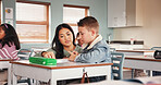 Classroom, child and teacher for question help, school and learning for assignment in junior grade. Quiz, education and boy with knowledge test, scholarship and development to prepare in academy