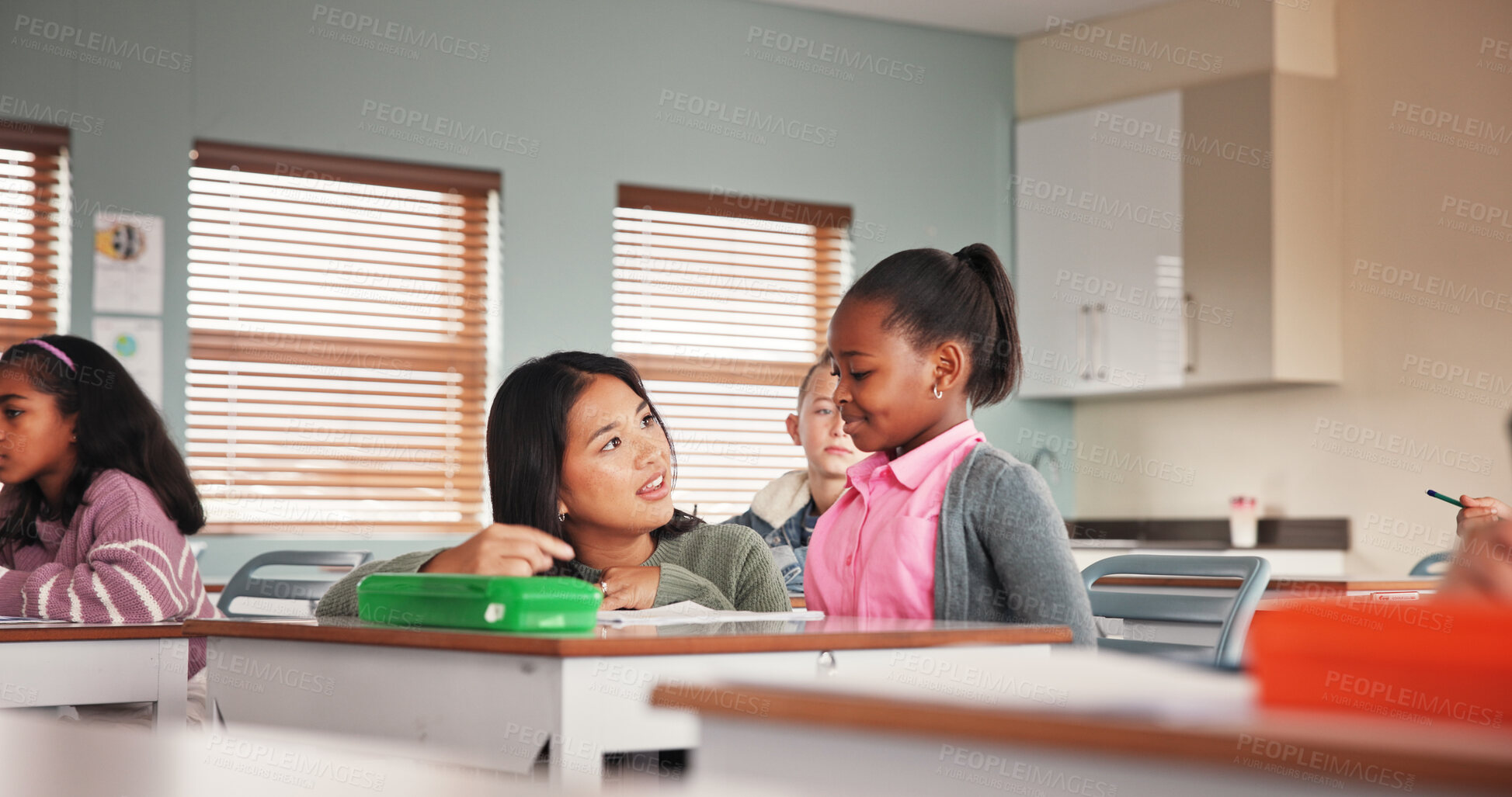 Buy stock photo Classroom, girl and teacher for question help, school and learning for assignment in junior grade. Quiz, education and child with knowledge test, scholarship and development to prepare in academy