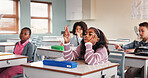 Girl, child and bored in classroom with education, tired or distracted for lesson with adhd at school. Pupil, fidget and kid with learning disability, daydream or thinking with scholarship at academy