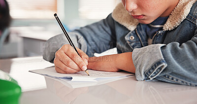 Buy stock photo Education, hands and student writing in classroom for knowledge study, lesson evaluation and school assessment. Academy, person and paper for examination, academic development and problem solving