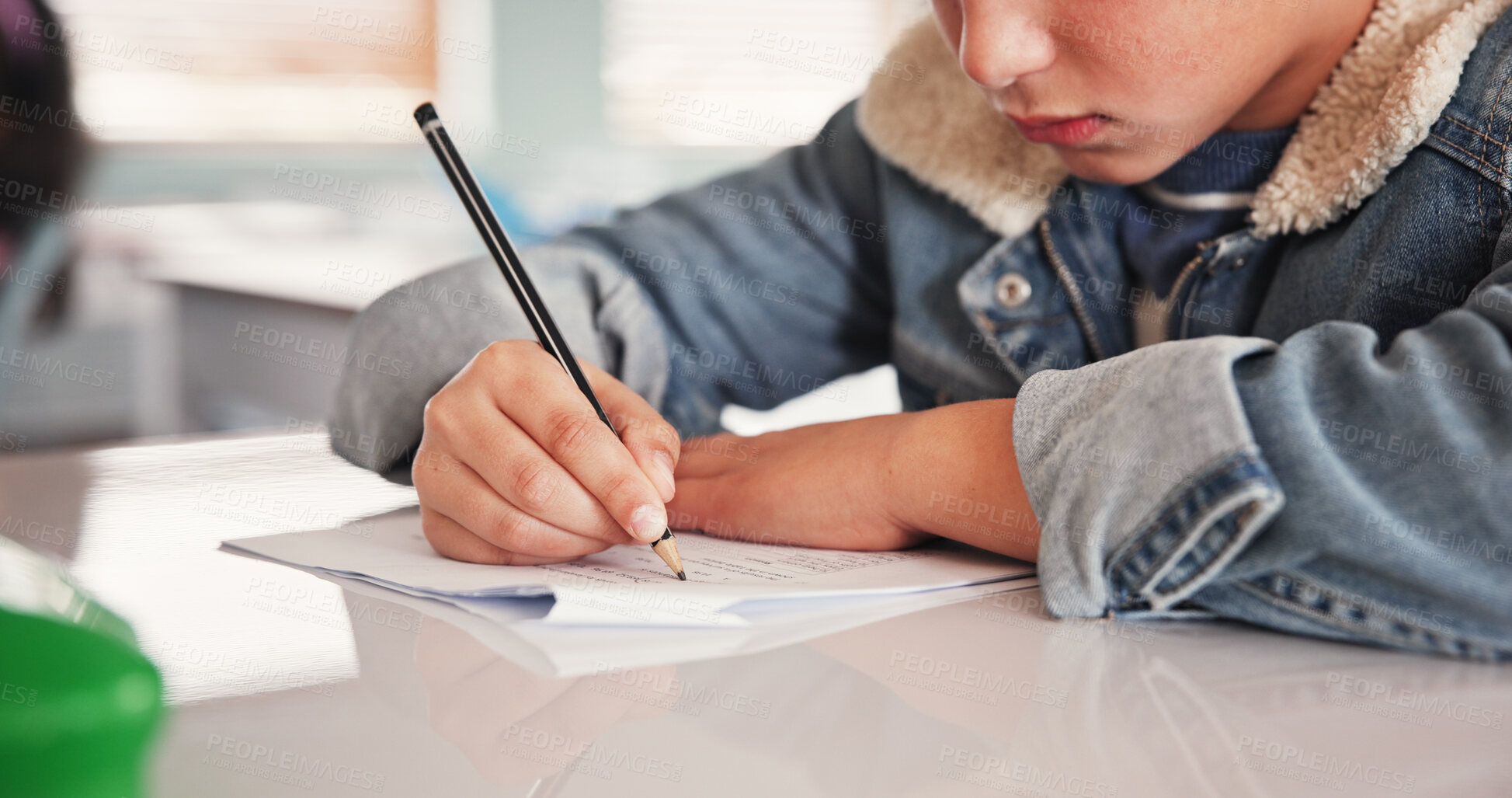 Buy stock photo Education, hands and student writing in classroom for knowledge study, lesson evaluation and school assessment. Academy, person and paper for examination, academic development and problem solving