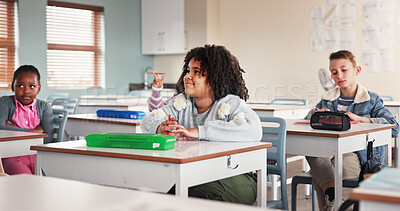 Buy stock photo Classroom, students and listening for education, school and learning for young group in junior grade. Lecture, growth and children with knowledge, scholarship and development to prepare in academy