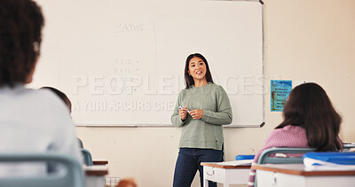 Buy stock photo Education, teacher and math lesson in classroom for multiplication, sum calculation or learning support. People, students and educator by whiteboard for teaching equation, problem solving or solution