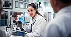 Research, people and woman with tablet, science and meeting for experiment report. Health, employees and scientists im laboratory, tech or app for vaccine development, testing or feedback for results
