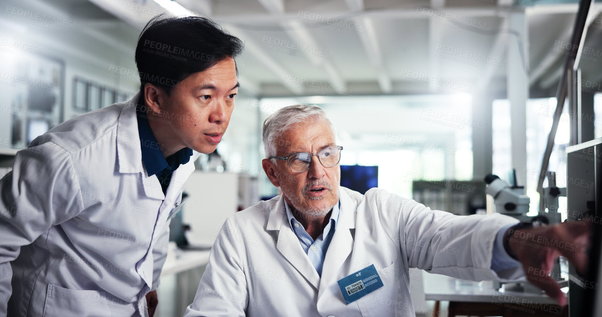 Buy stock photo Computer, scientist and discussion with team in laboratory for healthcare, medical research or test results. Technology, men and study with biologist in clinical trial for pharmaceutical development