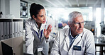Teamwork, scientist and discussion with mentor in laboratory for healthcare, medical research or test results. Man, woman and study with biologist in clinical trial for pharmaceutical development