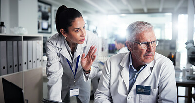 Buy stock photo Teamwork, scientist and discussion with mentor in laboratory for healthcare, medical research or test results. Man, woman and study with biologist in clinical trial for pharmaceutical development