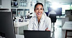 Computer, scientist and portrait with woman with smile for healthcare, medical research or innovation. Technology, laboratory and study with biologist in clinical trial for pharmaceutical development