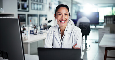 Buy stock photo Computer, scientist and portrait of woman with smile for healthcare, medical research or innovation. Technology, laboratory and study with biologist in clinical trial for pharmaceutical development