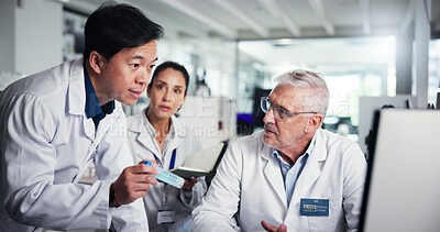 Buy stock photo Teamwork, scientist and chemistry with people in laboratory for healthcare, medical research or test results. Men, woman and study with biologist, computer and solution for pharmaceutical development