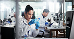 Woman, scientist and vial with chemical compound for medical research, exam or test results at lab. Female person, science or liquid sample for scientific trial, chemistry experiment or new study