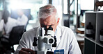 Mature man, research and scientist with microscope for forensic study or new experiment. Male person, medical worker or employee with lens, micro organism or scientific breakthrough at laboratory