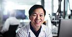 Computer, biologist and smile with man, portrait and healthcare for medical research or test results. Tech, laboratory and study with scientist in clinical trial for pharmaceutical development