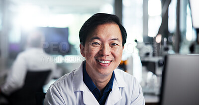 Buy stock photo Computer, biologist and smile with man, portrait and healthcare for medical research or test results. Tech, laboratory and study with scientist in clinical trial for pharmaceutical development