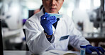 Man, scientist and hands with vial sample for experiment trial, medical research or test results at laboratory. Closeup, male person or science with chemical compound for new study, exam or chemistry