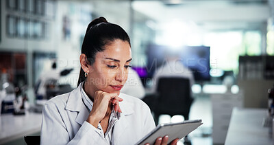 Buy stock photo Tablet, scientist and thinking with woman in laboratory for healthcare, medical research or innovation. Technology, analysis or study with biologist in clinical trial for pharmaceutical development