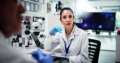 Buy stock photo Meeting, people and woman with tablet, science and feedback for experiment results. Research, employees and scientists in lab, tech or app for vaccine development, testing or conversation for project