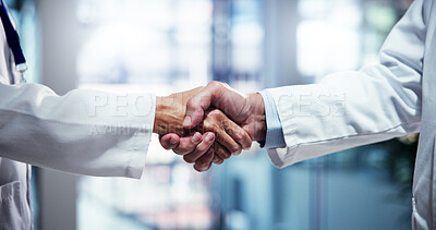 Buy stock photo People, scientist or meeting with handshake for partnership, medical agreement or deal at hospital. Closeup, teamwork or health employees shaking hands with greeting for research, b2b or clinic trial