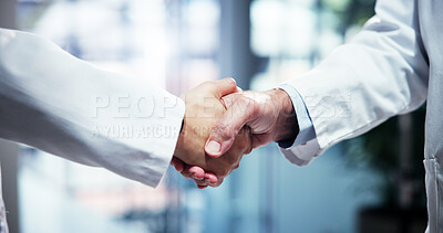 Buy stock photo People, scientist or greeting with handshake for partnership, medical agreement or deal at hospital. Closeup, teamwork or health employees shaking hands with meeting for research, b2b or clinic trial