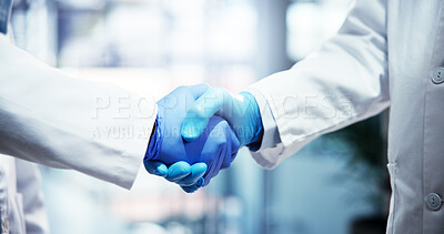 Buy stock photo People, scientist or gloves with handshake for partnership, medical agreement or deal at hospital. Closeup, teamwork or health employees shaking hands with meeting for research, b2b or clinic trial
