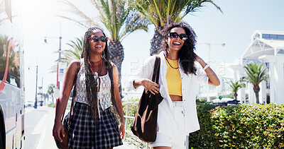 Buy stock photo Walking, friends and women in street, funny and bonding together with laughing. Happy people, outdoor and travelling for shopping trip, reunion and sunglasses with joke, urban journey and humor