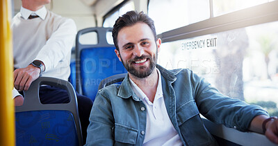 Buy stock photo Portrait, man and happy with travel on bus for morning commute, city ride and journey to destination. Smile, passenger and trip on public transport for weekend adventure, metro service and tourism