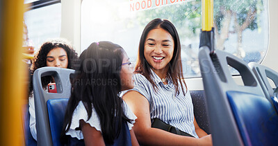 Buy stock photo Travel, talking and mom with child on bus for morning commuting, journey or trip together. Conversation, bonding and mother with girl kid on public transportation for exploring on holiday break.