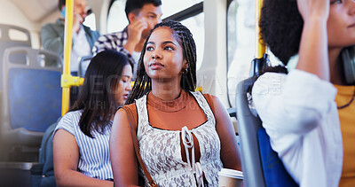 Buy stock photo City, woman and travel with thinking on bus for morning commute, urban ride or journey to destination. Sightseeing, passenger or trip on public transport for weekend adventure, metro service or route