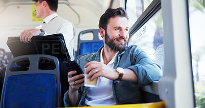 Buy stock photo Coffee, phone and thinking with businessman on bus for public transportation to work destination. Idea, smile and window with happy passenger person on vehicle for commute, drive or travel to job