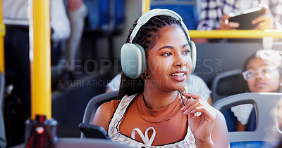 Buy stock photo Happy woman, phone and bus with headphones for music, travel or destination in public transport. Female person, tourist or traveler with smile on mobile smartphone for audio app, sound or tour guide