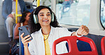 Headphones, phone and woman on bus for travel with communication, contact or network for university. Happy, audio tech and person on public transport listening to music with college acceptance email.
