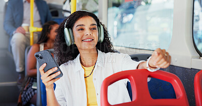 Buy stock photo Headphones, phone and woman on bus for travel with communication, contact or network for university. Happy, audio tech and person on public transport listening to music with college acceptance email.