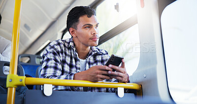 Buy stock photo Cellphone, thinking and man on bus for travel with texting online, social media or mobile app. Daydreaming, phone and male passenger on public transportation with idea for commuting, trip or journey.