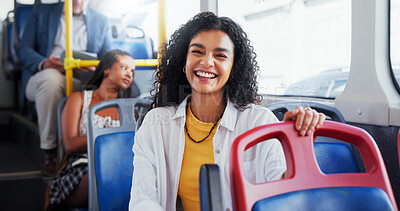 Buy stock photo Portrait, woman and happy with travel on bus for morning commute, urban ride and journey to location. Smile, passenger and trip on public transport for weekend adventure, metro service or destination