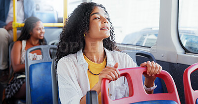 Buy stock photo Business, commute and smile with woman on bus for public transportation to work destination. Morning, road and service with happy passenger person on vehicle for drive or travel to job in city