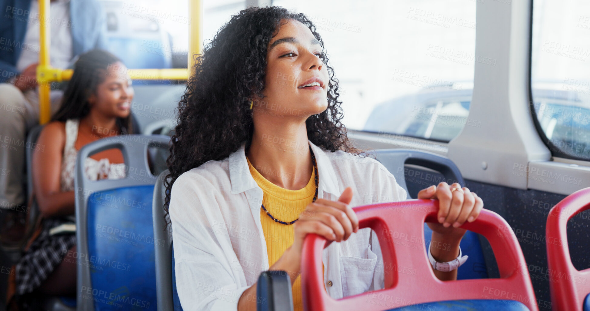 Buy stock photo Business, commute and smile with woman on bus for public transportation to work destination. Morning, road and service with happy passenger person on vehicle for drive or travel to job in city